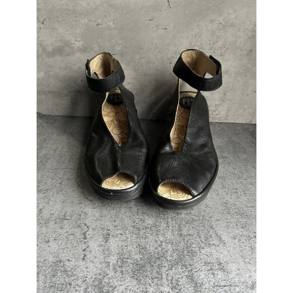 Fly London Shoes - Fly London Yala Peep Toe Black Leather Platform Wedge Sandal EU 37 US 6.5
